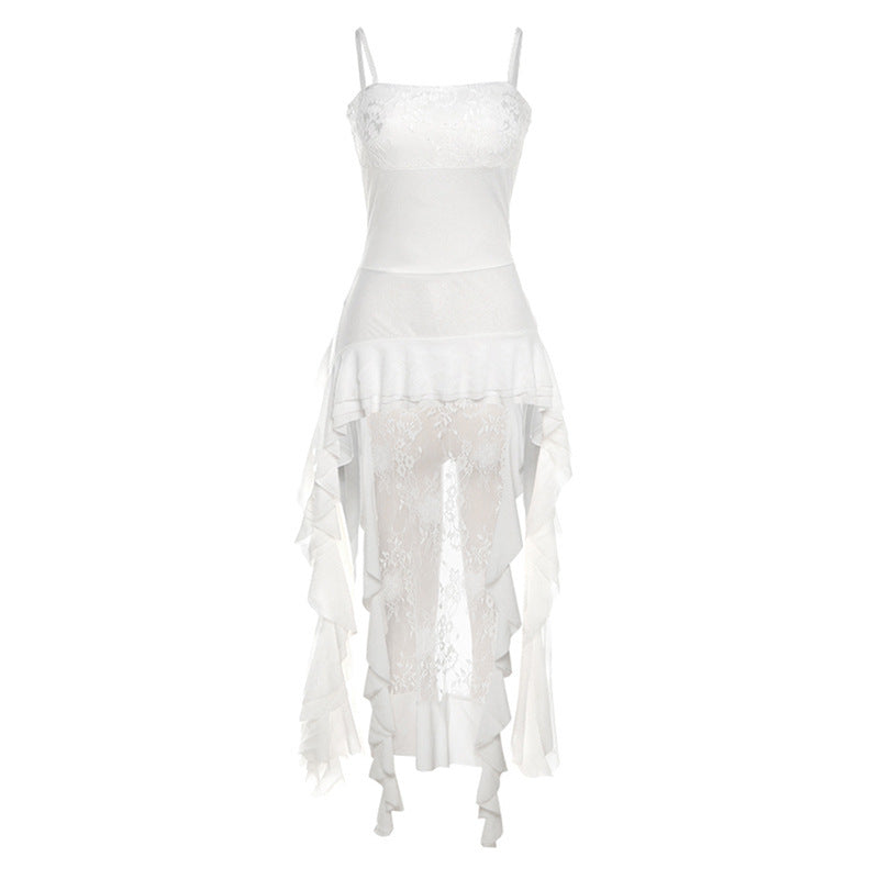 Free shipping  new solid color sleeveless suspender lace splicing fungus edge short dress tops