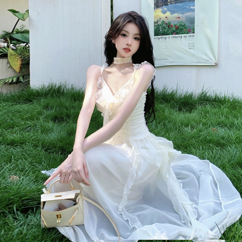 Fashion women's wear French Pure Desire Sexy White Ruffled Chiffon Sling Dress Fairy Seaside Vacation Escape Princess Long Dress