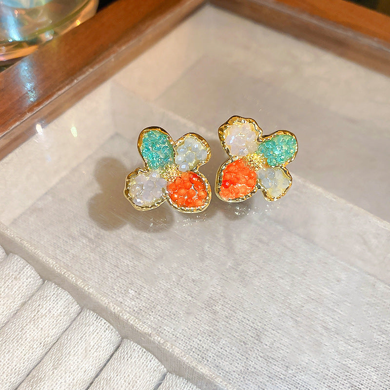 925银针撞色水晶方形耳环时尚小巧耳钉轻奢高级感森系耳饰批发女