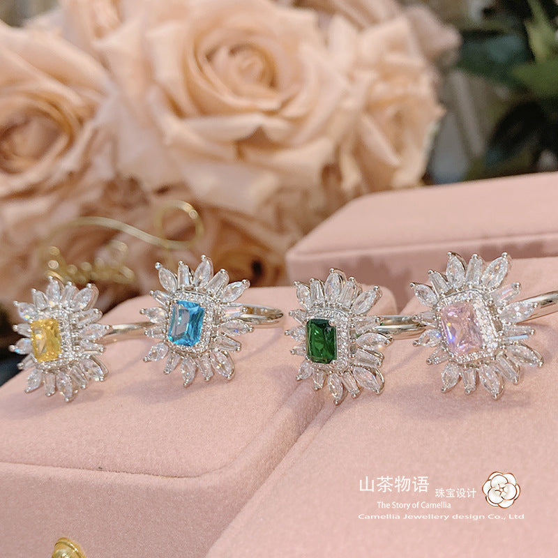 Camellia名缓少女仿帕帕拉恰宝石戒指 彩宝微镶黛粉锆石开口指环
