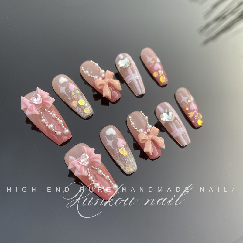 (Hand-Made Nail) Gentle Blush Pure Desire Bow Ice Transparent Bridal Pearl Heart Handmade Wear Nail Finished Detachable Beauty