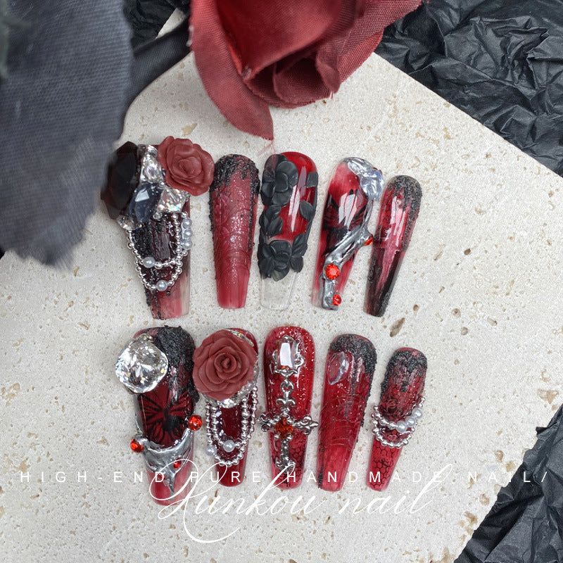 (Hand-Made Nail) Pure Hand-Wear Nail Manicure Dark Blooming Red Rose Flash Drilling Detachable Heavy Hand-Painted