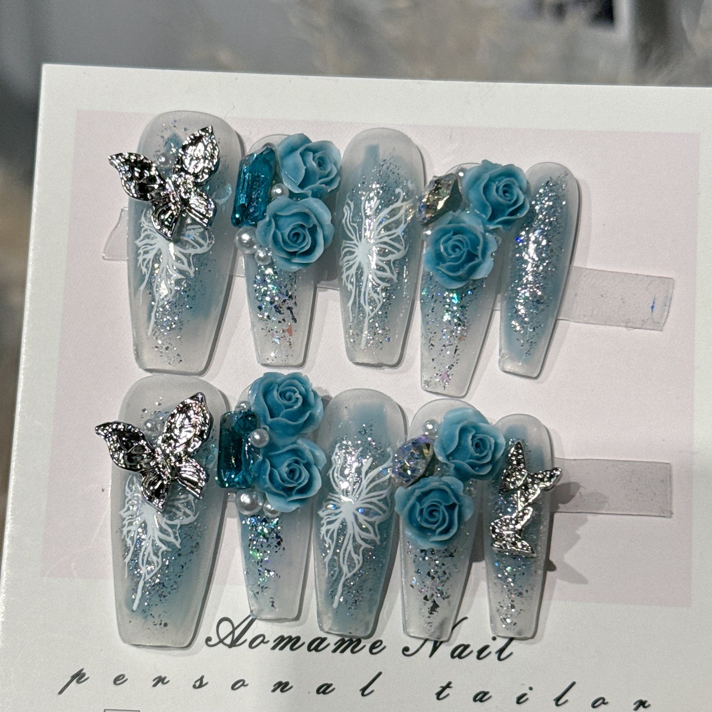 Hand-Worn Armor Orchid Butterfly Cold Lake Water Blue Rose Repeated Disassembly Nail Beauty Nail Patch