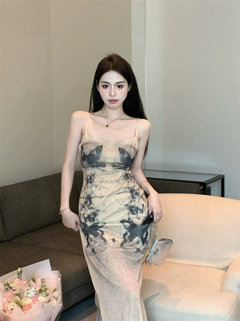 Fashion women's wear Women's French-Style Tie-Dyed Printed Suspender Dress Summer Elegant Waist Slimming Sexy Sheath A- line Dress for Hot Girls