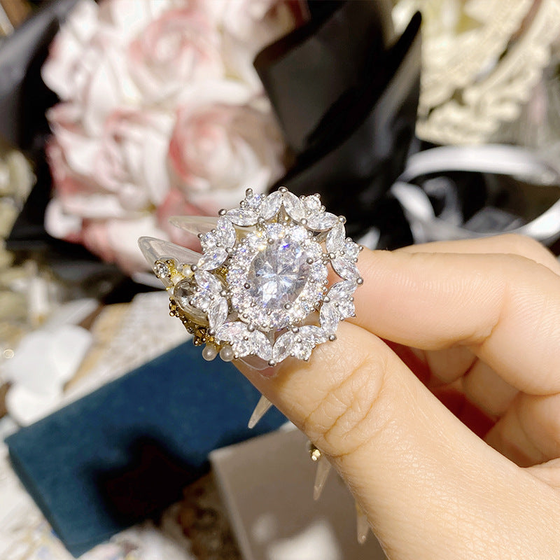山茶欧美热销奢华超大克拉锆钻戒指 镀18K金璀璨马眼宴会女食指戒