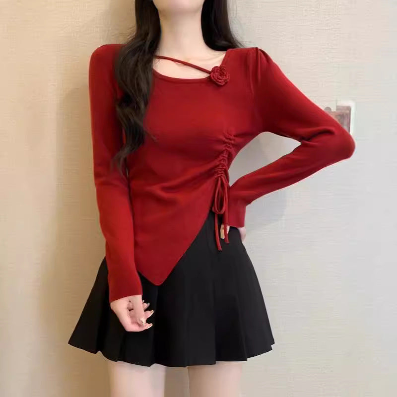 Dopamine tops Free shipping Tattoo Design sense dopamine red three-dimensional flower long-sleeved knitted sweater women's autumn and winter side drawstring outer top women