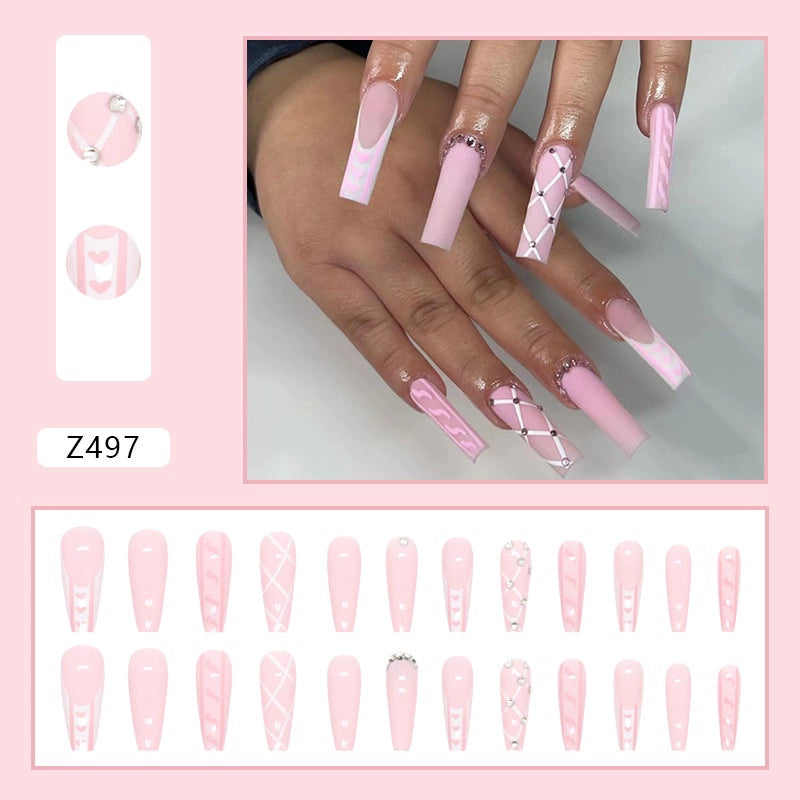 (Hand made nail) European and American Spicy Girl Super Long Instagram Dark Small Stand Retro Trapezoidal Shining Diamond Beauty False Nail Patch Detachable Wearable Nail