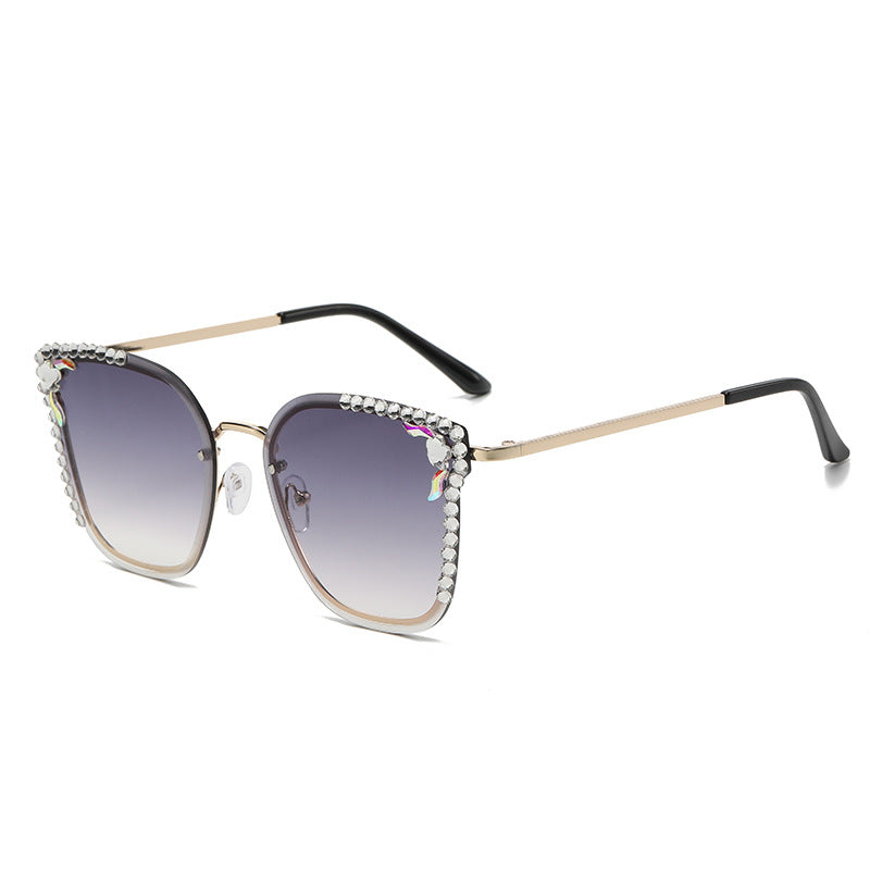 Women's fashion glasses 2023欧美猫眼镶钻摩登太阳镜金属半框时尚凹造型墨镜女士开车眼镜