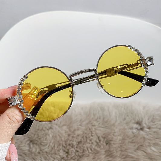 Women's fashion glasses 欧美跨境网红抖音潮款太阳镜女士开车遮阳墨镜个性圆框镶钻眼镜