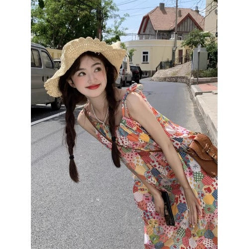 Dopamine dress Free shipping Tattoo Dopamine floral splicing lace suspender dress women's summer age reduction Sanya seaside vacation photo beach dress