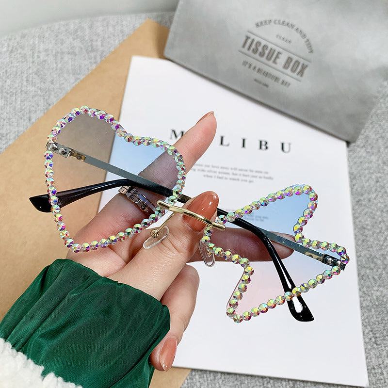 Women's fashion glasses 跨境太阳镜女欧美个性无框镶钻金属水钻墨镜舞会派对搞怪嘻哈眼镜