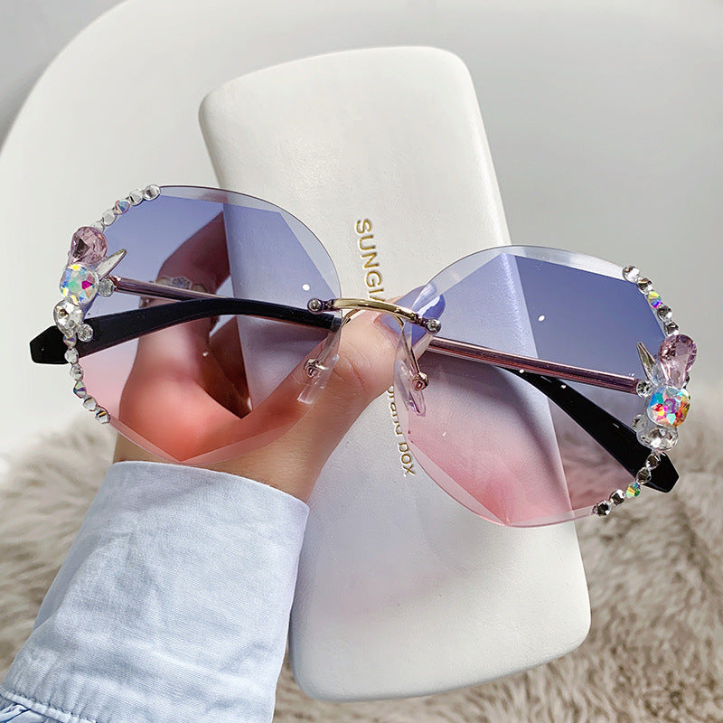 Women's fashion glasses 跨境镶钻无框水钻多边形墨镜女高级感ins大脸显瘦显脸小太阳镜