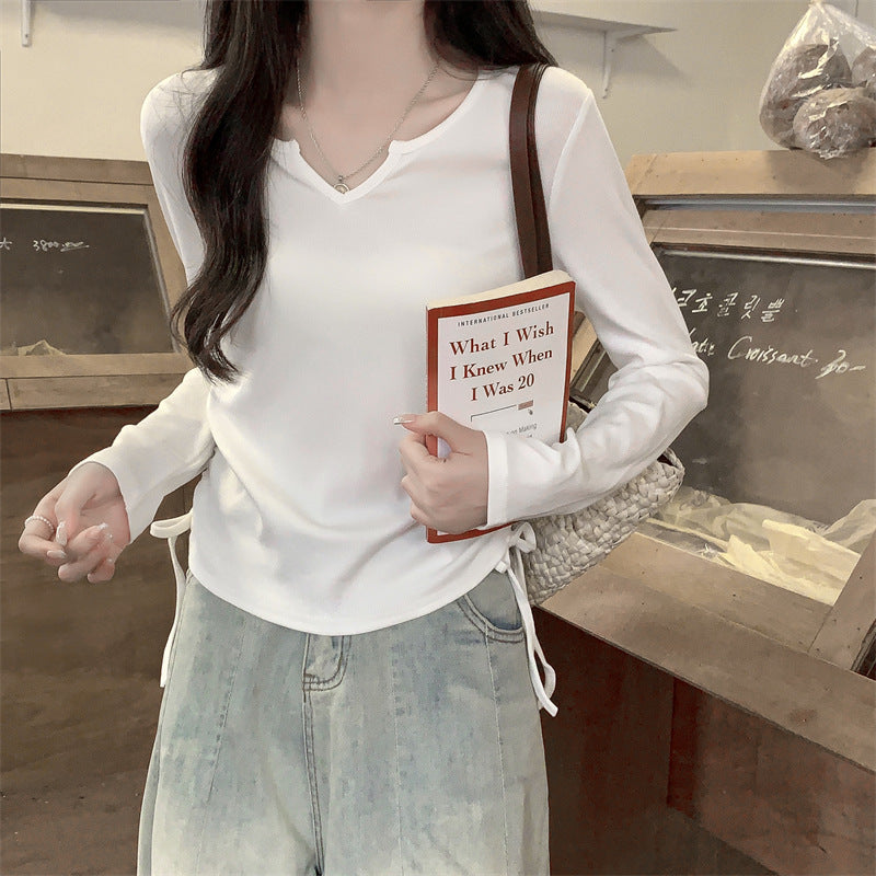 Dopamine tops Free shipping Tattoo V-neck drawstring niche slim long-sleeved T-shirt women's autumn slim-fit design chic short top with bottoming shirt