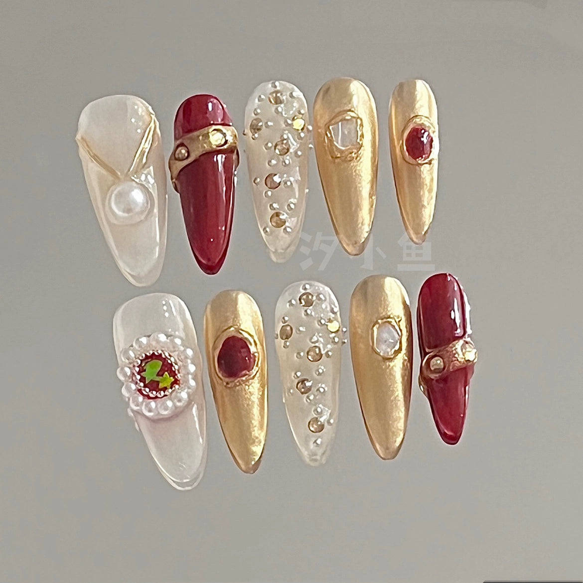 [Paper Drunk Gold Fan] Manicure Fake Nails Honey Lotus Same Gem Baroque High-Grade Red Light Luxury High-End