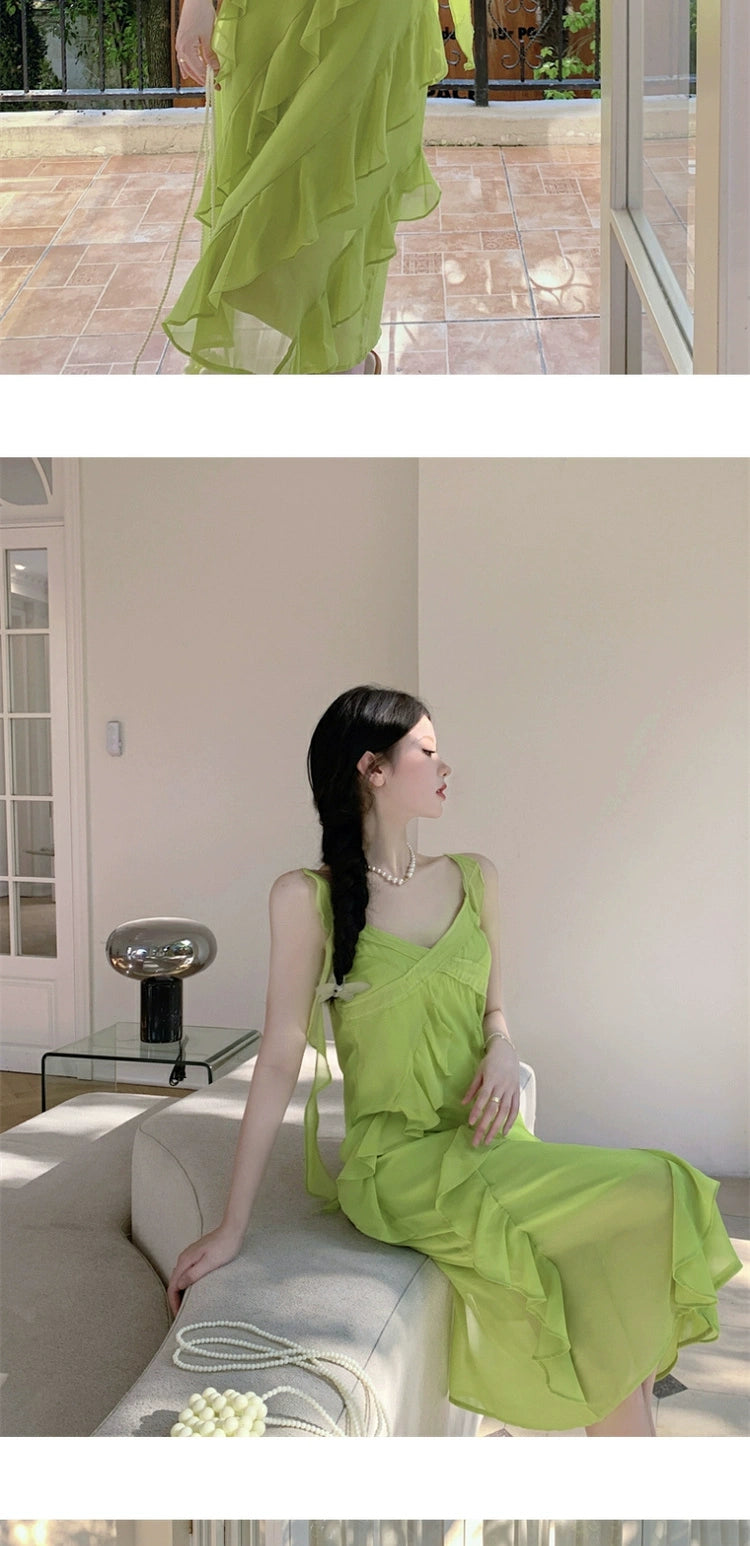 Fashion women's wear French Style Green Suspenders Dress Women's Summer V-neck Elegant Ruffle Waist-Tight Seaside Vacation Beach Dress