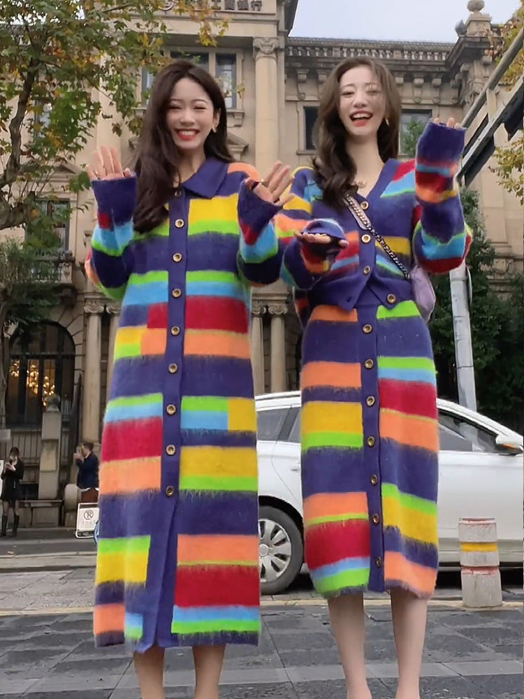 Dopamine tops Free shipping Tattoo 2023 new French long sweater skirt rainbow knitted dress high sense inside dopamine women autumn and winter