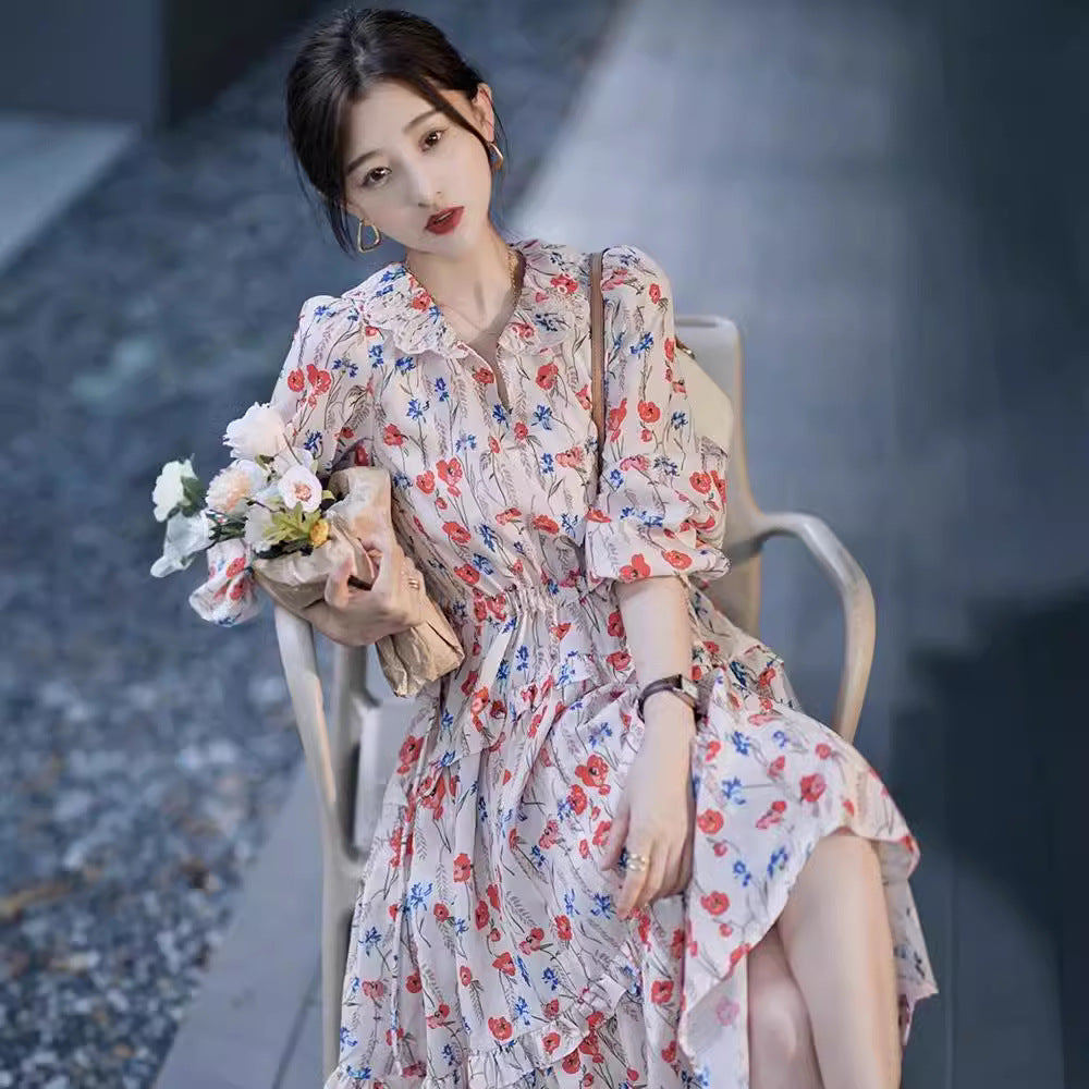 Dopamine dress Free shipping Tattoo French Temperament Short Sleeve Muse Fan Bubble Sleeve Floral Dress Early Autumn Dopamine Wear Waist Skinny Skirt