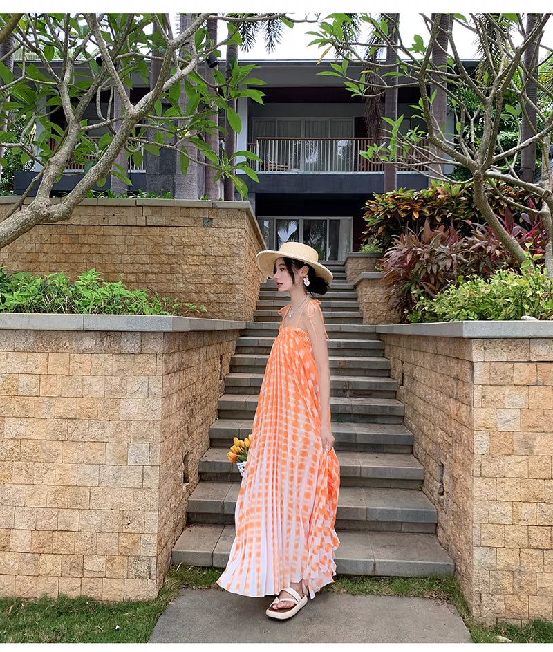 Fashion women's wear Tie-Dyed Floral Strap Dress Women's Summer French off-Shoulder Dopamine Sanya Seaside Vacation Beach Long Skirt
