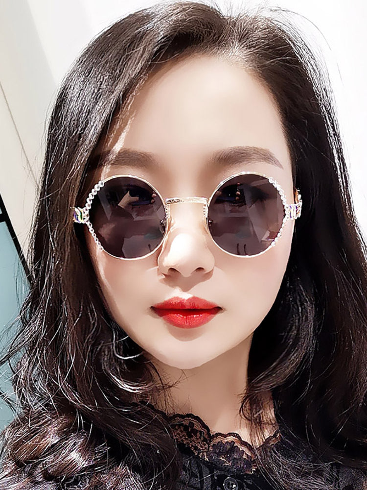 Women's fashion glasses 跨境款水钻复古圆形墨镜女小脸款港味太阳镜防紫外线素颜神器眼镜