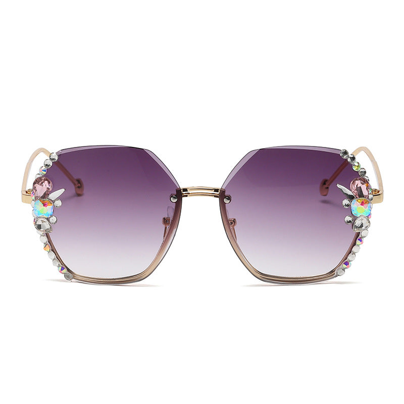 Women's fashion glasses 欧美跨境大框镶钻太阳镜无框防晒防紫外线水晶墨镜女大脸显瘦