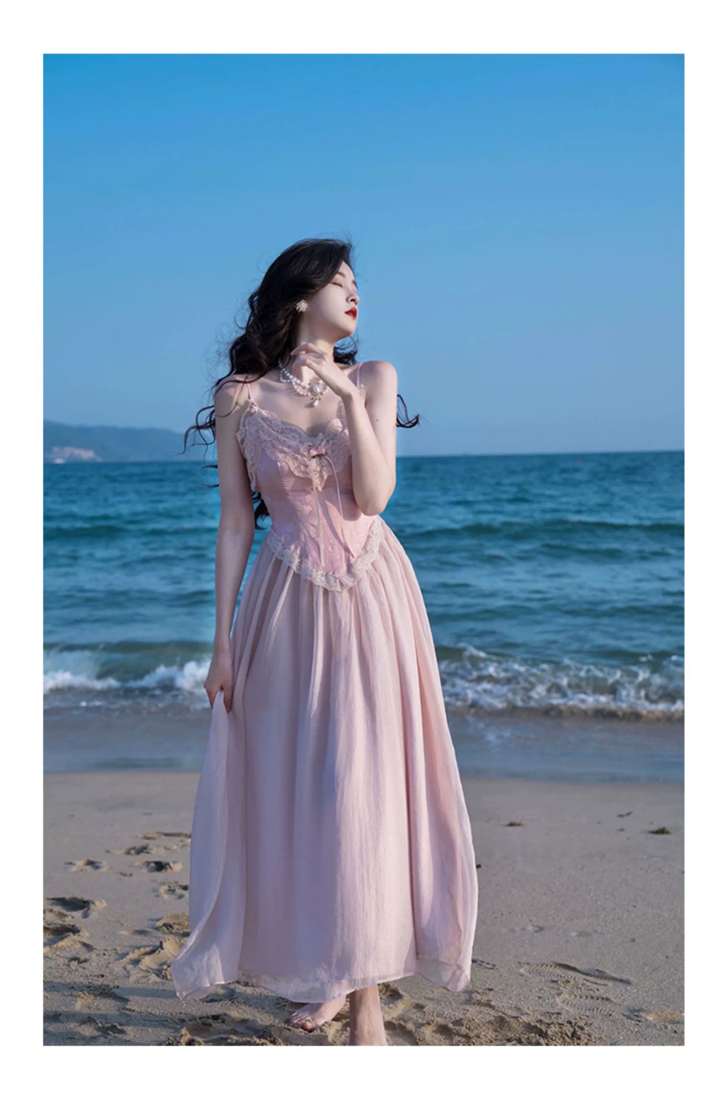 Fashion women's wear French Fried Street Tea Break Milk Sweet Escape Princess Dress Sweet Salt Pink Roses Pure Desire Beautiful Sling Dress