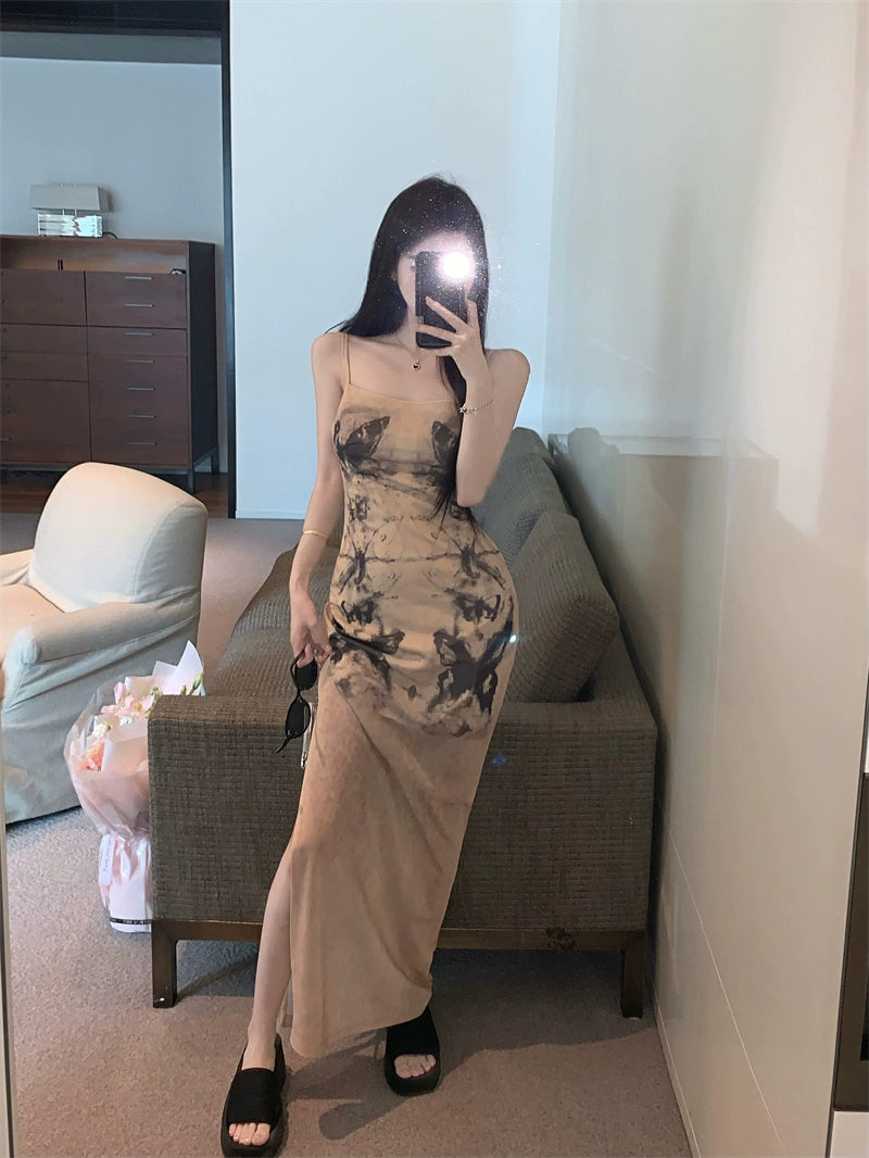 Fashion women's wear Women's French-Style Tie-Dyed Printed Suspender Dress Summer Elegant Waist Slimming Sexy Sheath A- line Dress for Hot Girls
