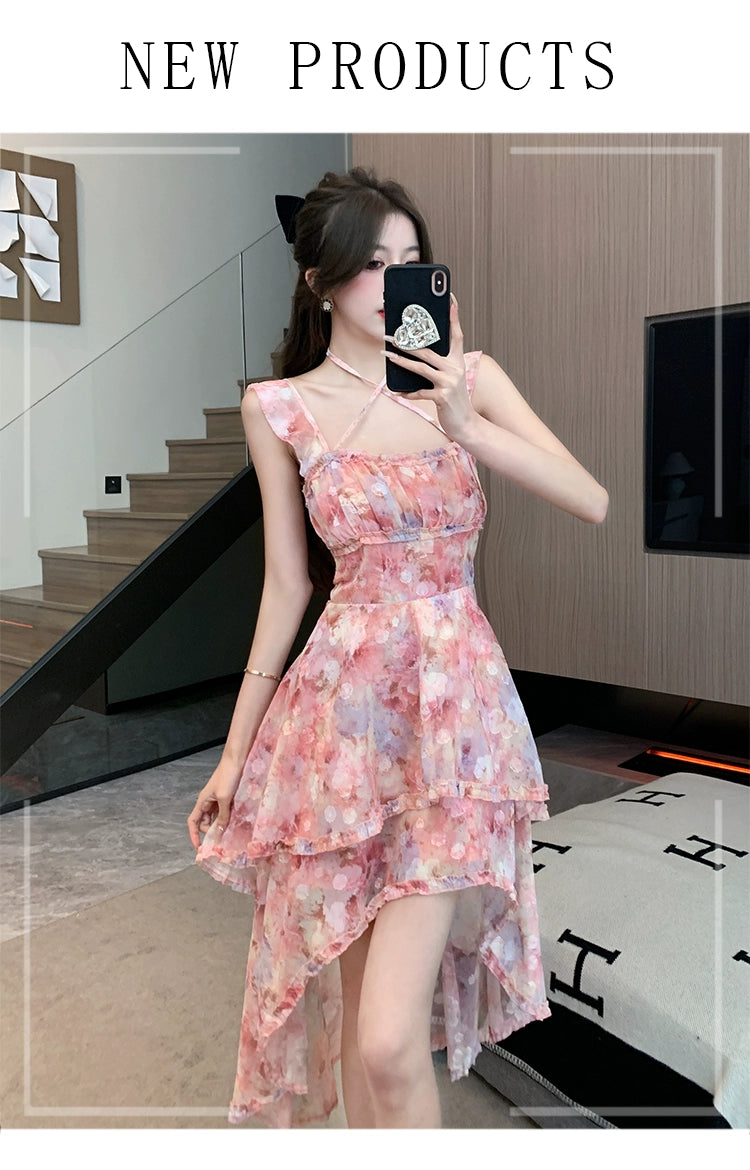 Fashion women's wear Sexy Halter Strap Floral Dress Women's Summer Seaside Vacation Beach Fairy Dress Irregular Trailing Skirt