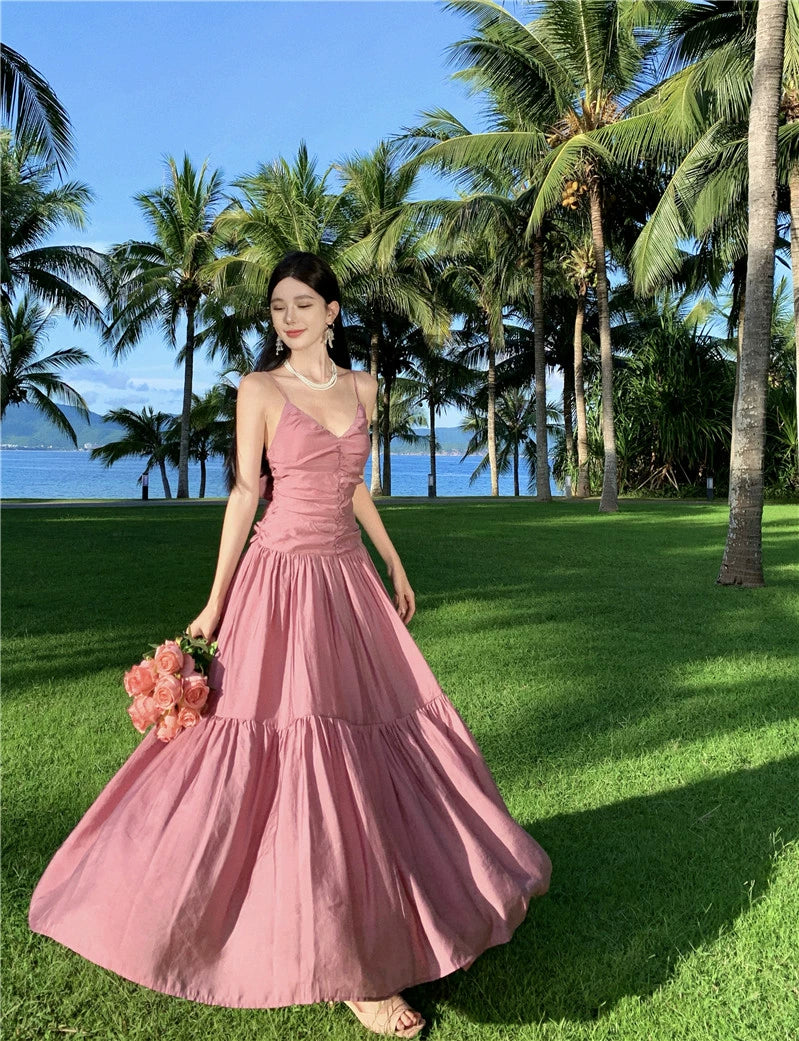 Fashion women's wear Beautiful Dopamine Special-Interest Design Lace-up Pleated Backless Vacation Style Sling Dress High-Grade Sense Temperament Long Dress