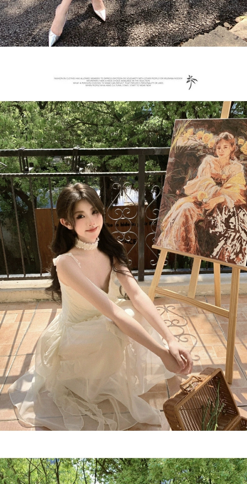 Fashion women's wear French Pure Desire Sexy White Ruffled Chiffon Sling Dress Fairy Seaside Vacation Escape Princess Long Dress