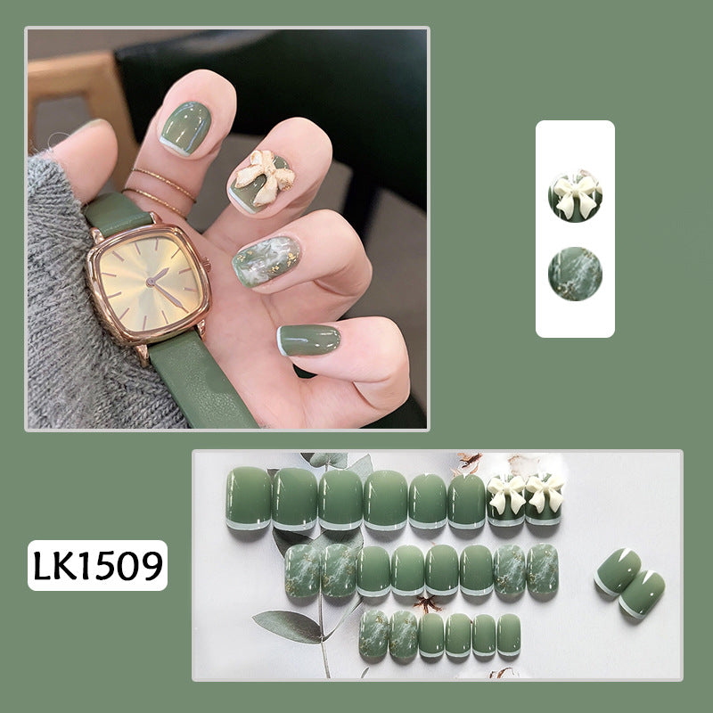新娘甲抹茶奶绿美甲贴片带钻穿戴甲蝴蝶结假指甲美甲成品指甲贴片