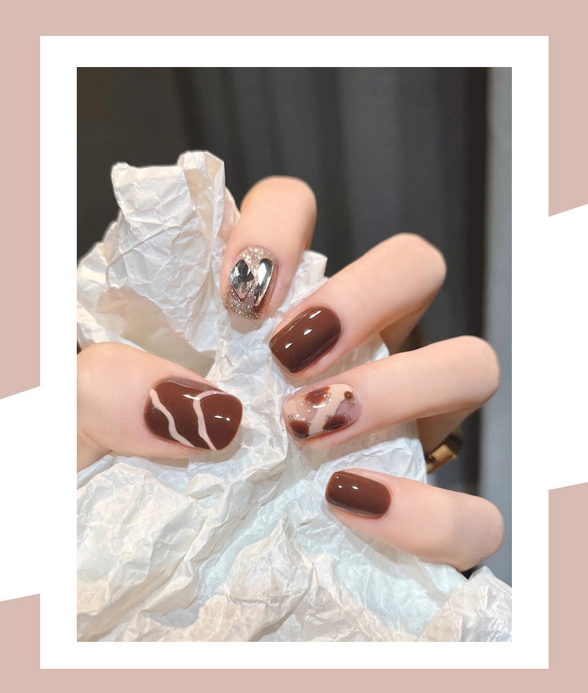 Fashion  nail Autumn and Winter Style Simple Rhinestone Milk Coffee Finished Nail Beauty Short Wear Fake Nails Detachable Nail Tip Wear Armor X95