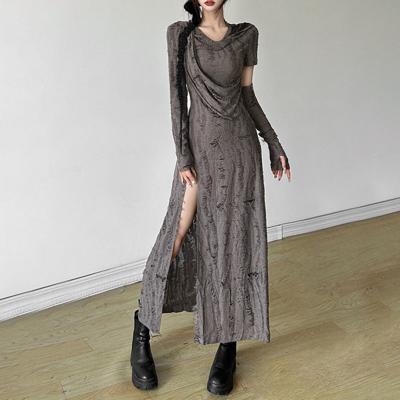 Free shipping   new women's clothing solid color slim-fitting high-waisted fashion hooded long-sleeved split dress
