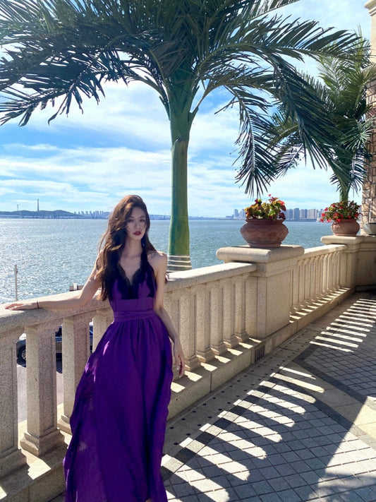 Fashion women's wear French Style High-Grade Lace Stitching Purple Strap Dress Women's Waist Slimming Seaside Vacation Beach Long Skirt