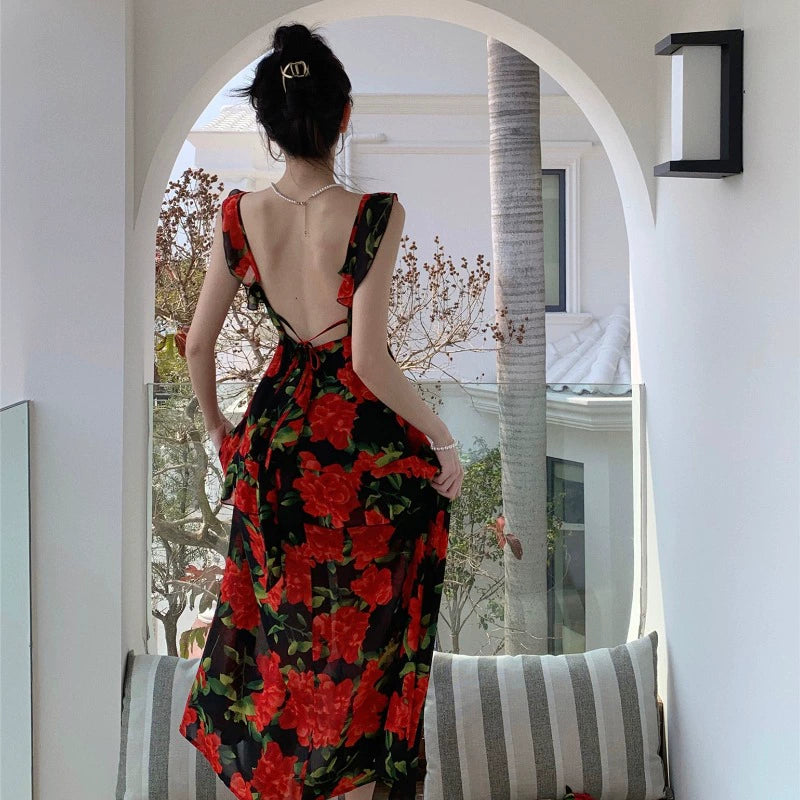 Fashion women's wear French Retro Tea Break Sling Ankle-Length Dress Women's Summer Seaside Holiday V-neck Rose Backless Slimming Dress