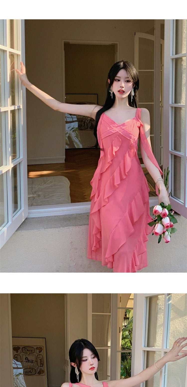 Fashion women's wear French Style Green Suspenders Dress Women's Summer V-neck Elegant Ruffle Waist-Tight Seaside Vacation Beach Dress