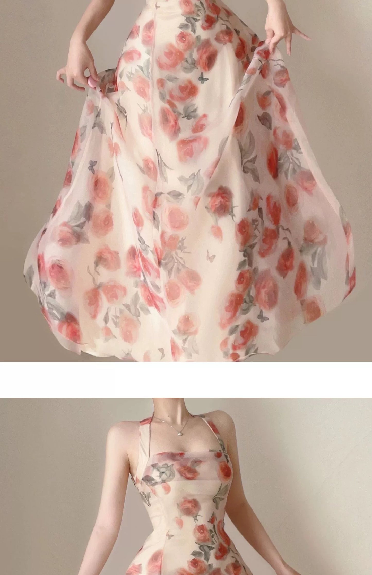 Fashion women's wear Tea Break French Style Backless Halter Suspenders Floral Dress Women's Early Spring Elegant High-Grade Dress