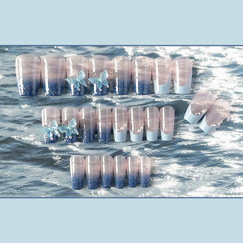 深海蝴蝶穿戴甲冰透指甲贴片飘带美甲片半手工假指甲美甲贴片成品