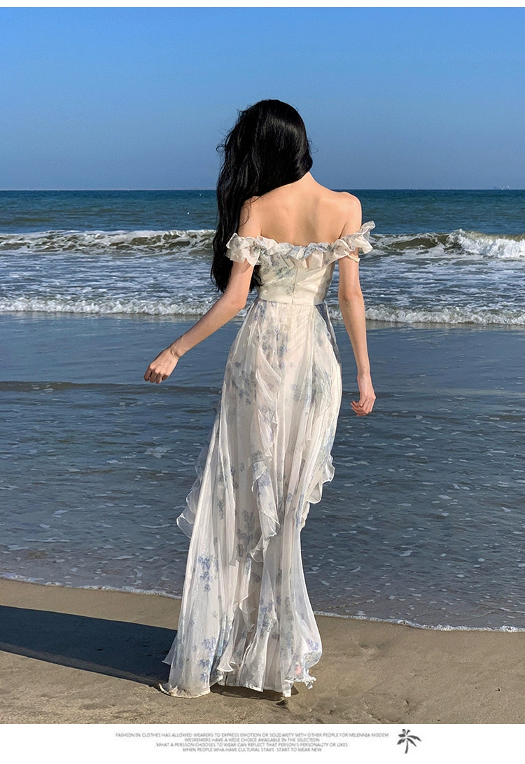 Fashion women's wear Seaside Vacation Style Suspender Skirt Yarn French Ruffled Beach Dress Atmosphere Long Skirt Elegant Fairy Style