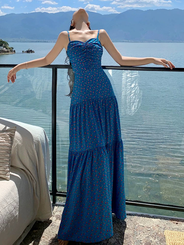 Fashion women's wear off-Shoulder Spaghetti Straps Dress Women's Summer Sanya Seaside Holiday Beach Skirt Floral Backless Waist Trimming Ankle-Length Dress