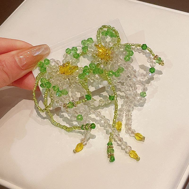 银针水晶米珠蝴蝶结流苏耳环森系甜美气质耳钉高级感小众耳饰批发