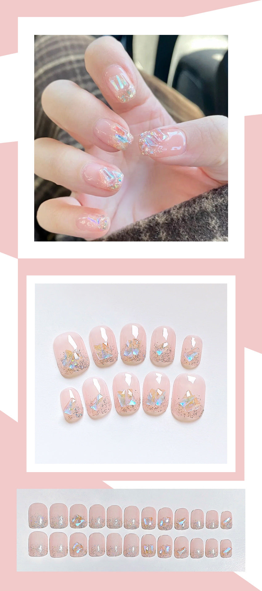 Fashion  nail Wen Genie's Same Aurora Diamond Short Wear Nail Detachable Finished Product Fake Nail Patch Internet Celebrity Y37