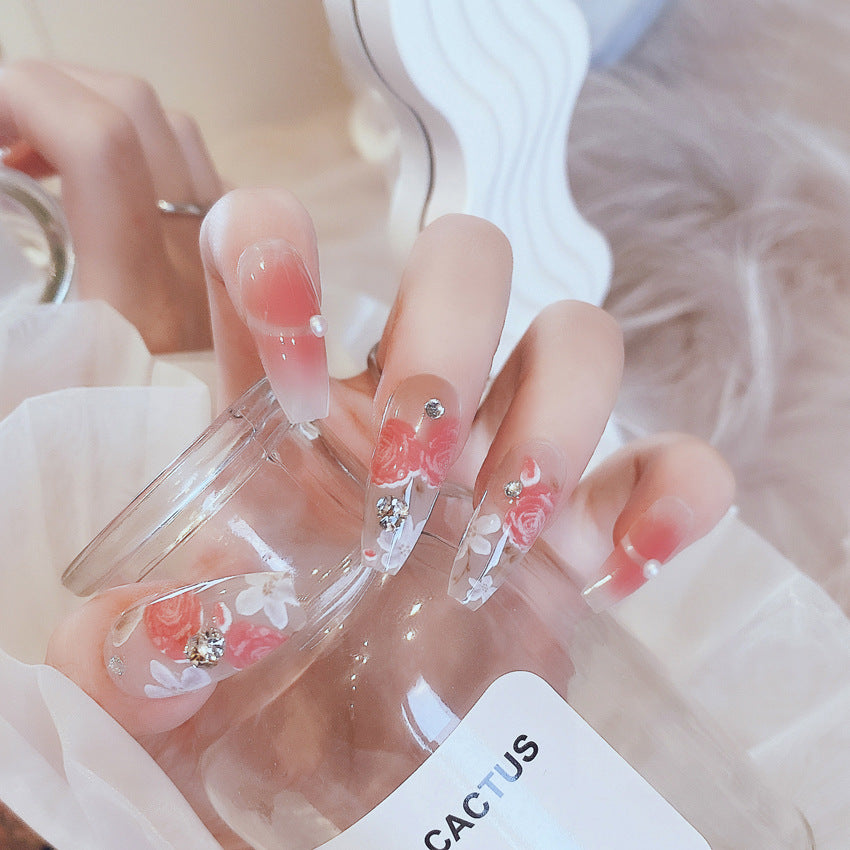 Fashion  nail New Rendering Flower Long Finished Nail Beauty Wearable Fake Nails Removable Nail Tip Wearable Armor X76