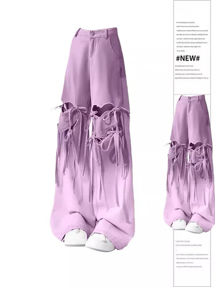 Free shipping   Dopamine wears purple ripped jeans for women's fat large size niche design sense loose and thin wide-leg pants