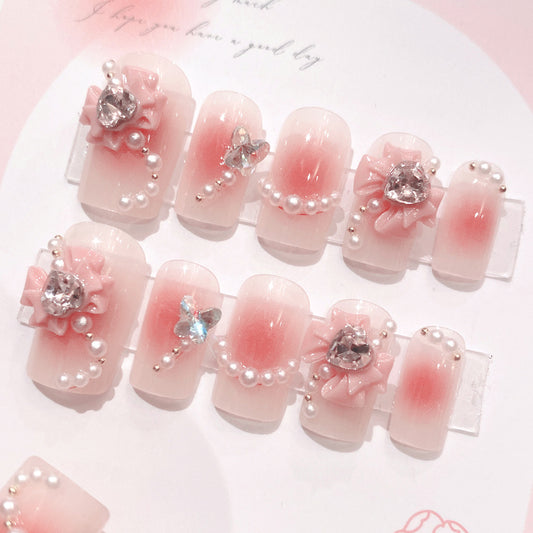 Fashion  nail Handmade Manicure Wear Nail Cute Pure Desire Wind Rhinestone Nail Patch Wear Nail Bow Nail Stickers U14