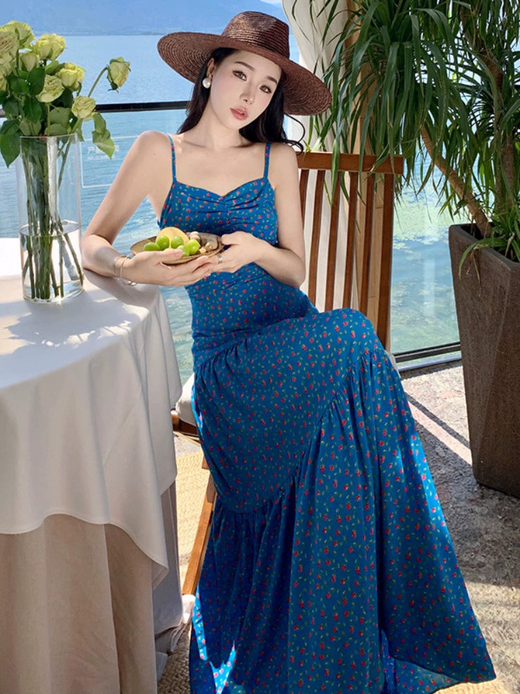 Fashion women's wear off-Shoulder Spaghetti Straps Dress Women's Summer Sanya Seaside Holiday Beach Skirt Floral Backless Waist Trimming Ankle-Length Dress