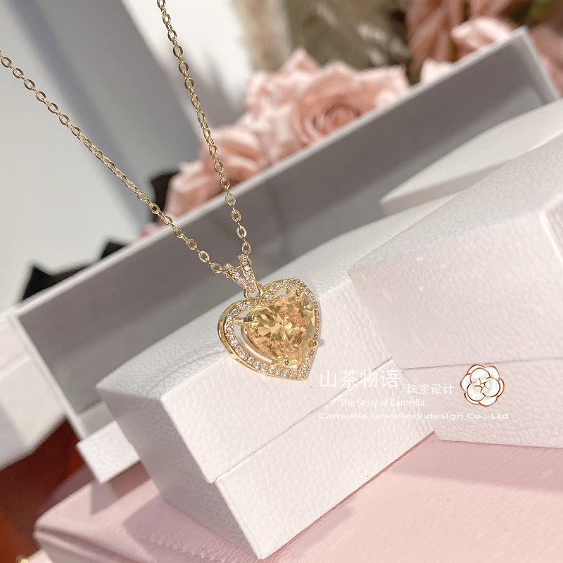 Camellia金色waltz灵动项链女 微镶爱心黄水晶10*10锆石小众吊坠
