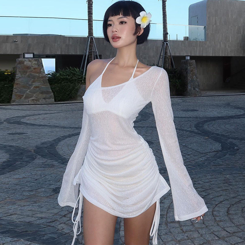 Fashion women's wear Autumn New Pure Hot Girl Style Shoulder Long Sleeve Sexy See-through Pleating Dress