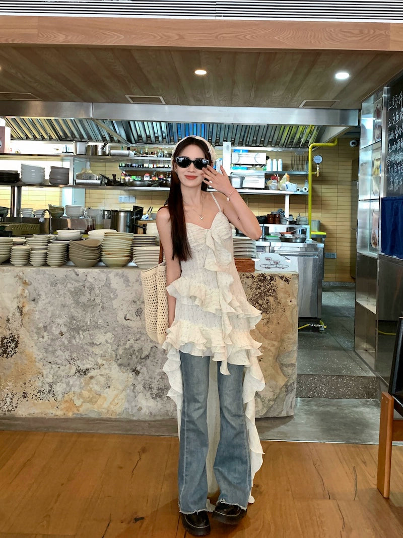 Fashion women's wear Tea Break French Irregular Ruffled Floral Strap Dress Women's Summer High-Grade Sense Beautiful Seaside Vacation Dress