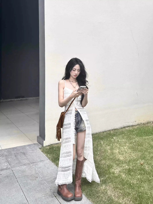 Fashion women's wear White Lace Sling Dress Women's Summer 2024 New Slim Slimming Hot Girl Seaside Holiday Split Dress