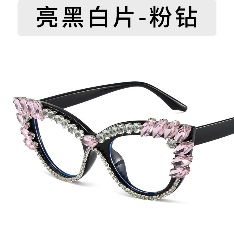 Women's fashion glasses 2023秋季新款欧美猫眼镶钻防蓝光平光镜跨境时尚网红 ins装饰眼镜